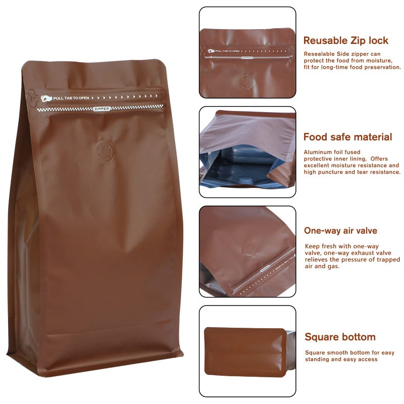 REMTAP Coffee Bags with Valve(50pcs,16 oz) Brown High Barrier Aluminumed Foil Flat Bottom Standing Coffee Beans Storage Bags,Reusable Heat Sealable Side Zipper Pouches for Home or Store - Image 3